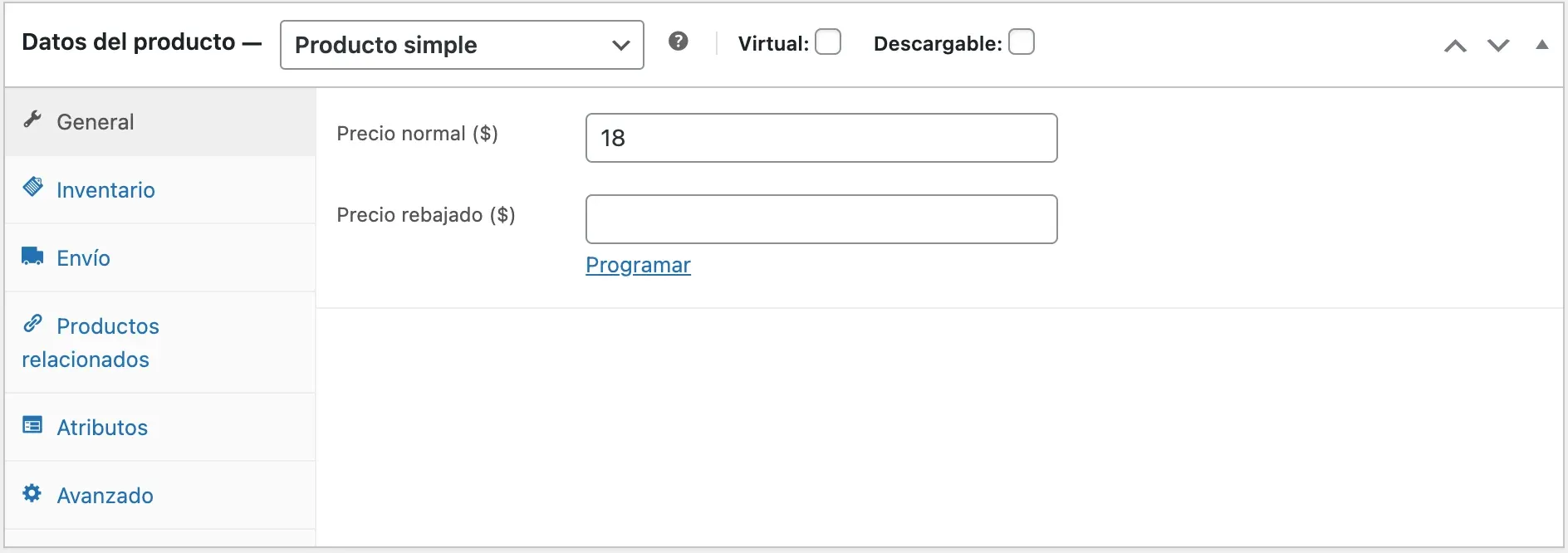 Pestañas Generales en Datos de Producto de WooCommerce